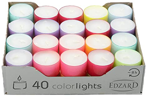 EDZARD Colorlights Summer - Lot de 40 bougies chauffe-plat, sans parfum, coque en plastique transparent (différentes couleurs estivales) durée de combustion 8 heures