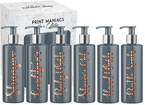 Print Maniacs Grey Mrs Hinch Inspired Personalised 500ml Pump Bottles Bathroom Lotion Kitchen Set Shampoo Conditioner Body Wash (Set 6) (Copper)