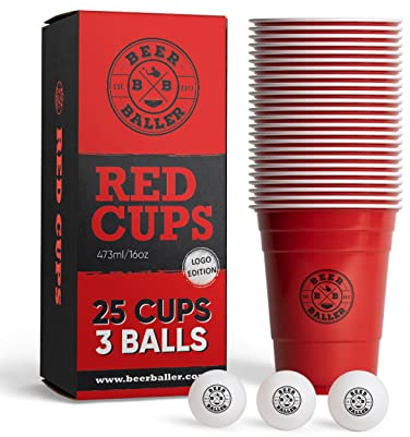 BEERBALLER®Logo Red Cups-25 bicchieri da beer pong e 3 palline da beer pong| lavabili in lavastoviglie e riutilizzabili |473ml-bicchieri da 16 oz per feste| bicchieri da beer pong originali americani