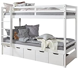 TiCAA Etagenbett Finn Weiß mit 5er Schubkästen