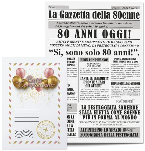 KAÏDENSÏ Idea Regalo Compleanno Donna 80 Anni - Giornale La Gazzetta Della 80 Enne - Maxi Biglietto Auguri Originale - Idee Regali Compleanno Originali - Gadget Scherzi Biglietti Divertenti per Lei