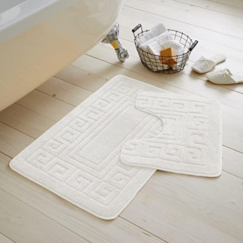 Artistic Fashionista Limited 2 Pieces GREEK Bath Mat Rugs for Bathroom - Non Slip Anti Mould Bath Mat Set - Soft - Extra Water Absorbent Pedestal Ultra Plush Bathroom Mats Toilet Shower Set (White)