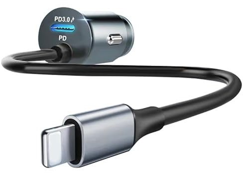 Zigarettenanzünder USB, 50W Autoladegerät [20W Typ C Port&30W Lightning Kabel] Kfz Ladegerät USB C, Metal Schnelles Ladeadapter mit Blauem LED-Licht für iPhone 15/14/13/12/Pro Max/iPad, Galaxy usw