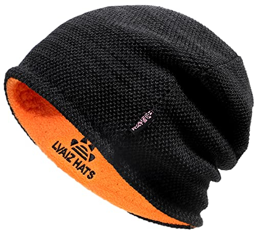 Lvaiz Hats Herren-Wintermütze, warm, mit Fleece gefüttert, Totenkopf-Mütze für Herren, wendbar, Winddicht, Strickmütze, warm, Unisex, Beanie, Schwarz/Orange, One Size