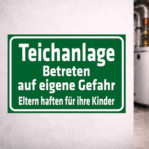 INDIGOS UG - Schild Teichanlage - Betreten auf eigene Gefahr - 300x200 mm - Hinweisschild Warnschild Sicherheitsschild - Aluverbundplatte 3 mm - für Innen und Außen