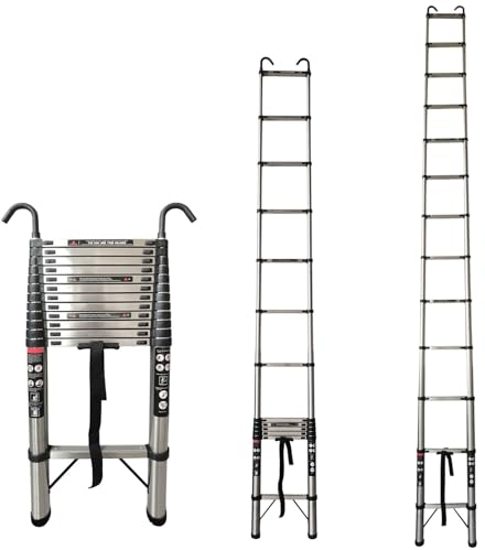 Teleskopleiter 5M/16.5FT Edelstahl Verlängerungsleiter mit Stabilisator Bar Abnehmbare Haken, Mehrzweck ausziehbare Loft Leiter Tragbare Faltenleiter, 15 Schritte, Max Last 150kg, EN131