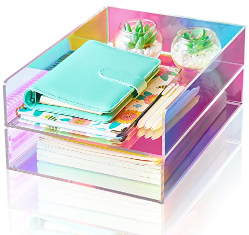 NiOffice 2-stöckiges, schillerndes Acryl-Briefablage, stapelbarer Hochformat-Schreibtisch-Papier-Organizer mit unteren Stangen, Regenbogen-Briefgröße, Aufbewahrungsorganisation, 32x24x6 cm
