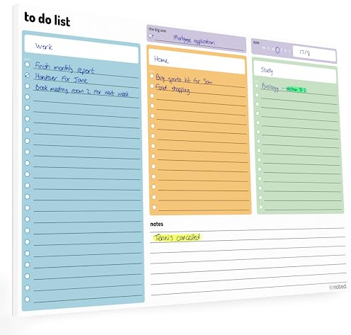 Noted To-Do-Listenblock, 52 Blatt, Tagesplaner, undatierter Schreibtisch-Organizer mit 3 Abschnitten, 29 x 21 cm, für Arbeitsaufgaben, Studienüberarbeitung und Heimplanung, buntes 100 g/m²-Papier