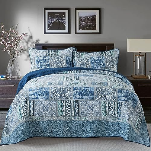 NEWLAKE Baumwoll-Tagesdecken-Sets, wendbar, Patchwork-Bettwäsche-Set, blau, klassisches Bohemian-Muster, California King Size