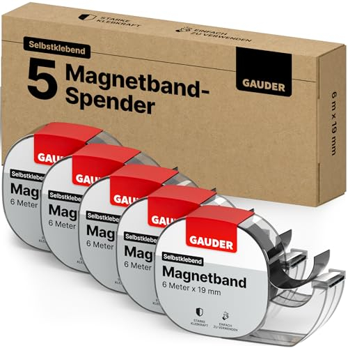 GAUDER Magnetband im Spender - Selbstklebender Magnetstreifen für leichte Gegenstände - Zuschneidbare Magnetbandrolle zum Befestigen von Postkarten & Fotos auf Metallflächen (5 Stück je 6 m x 19 mm)