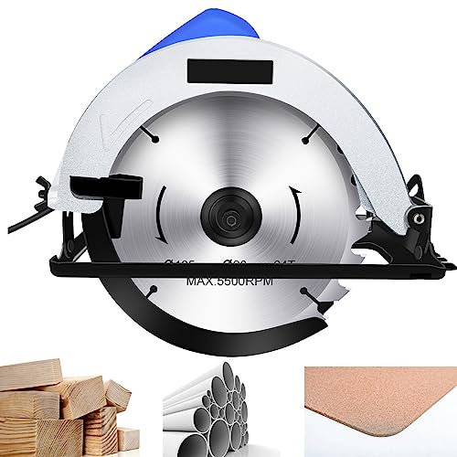 1500W Circular Saw Corded Electric Saws to Cut Wood, 5000RPM Pure Copper Motor Track Saw with Laser Guide, Max Cutting Depth 57mm (90°), 55mm (45°), Saw Blade 185mm
