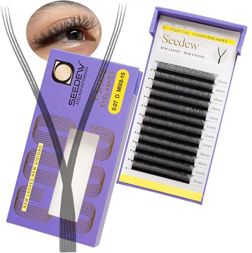 SEEDEW Extension Cils YYY, 0,07mm D Mixte 8-15mm 12 Rangées/Plateau, Forme en Y 2D/6D, PBT Naturels Doux Faux Cils Greffage pour Débutant/Technique Artiste, Salon Beauté(Noir-0,07-D-MIX8-15mm-YYY)