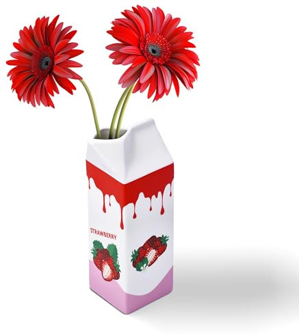 MEANT2TOBE | Milk Carton Vase - Juice Box Planter Design Flower Vase - Cool Lemon Fruit Home Vase - A Unique and Artistic Flower Vase for Small Bunches - 2.7Lx2.7Wx9.75H in - Red & White