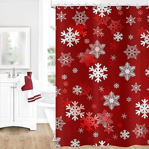 GCIREC Weihnachten Schneeflocke Duschvorhang, rot weiß Weihnachten Schneeflocke Winter Urlaub Neujahr Bad Vorhang wasserdicht Stoff Maschine waschbar mit 12 PCS Haken,180x200cm
