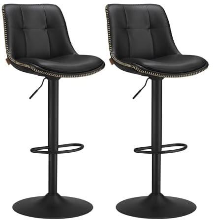 VASAGLE Barhocker 2er Set, Barstühle höhenverstellbar, drehbare Küchenhocker, gesteppter PU-Bezug, mit Rückenlehne und Fußstütze, Esszimmer, Theke, Stahl, tintenschwarz LJB095B01