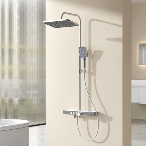 EMKE Duschsystem mit Thermostat Duschset, Regendusche mit Armatur,Duschsystem Regendusche, 45cm Thermostatische Platte, Handbrause 3 Strahlarten,Duschamaturenset,Chrom