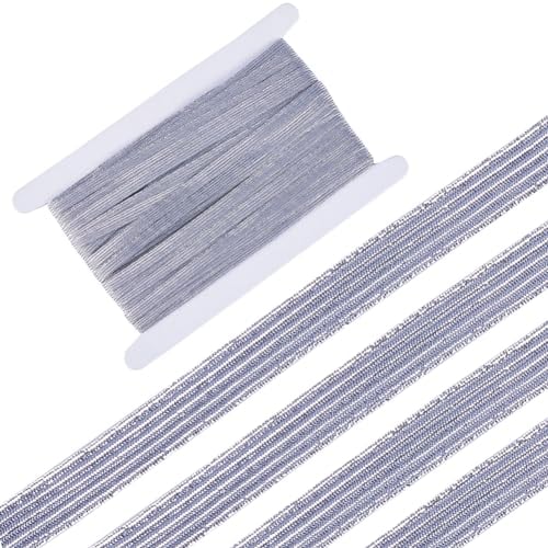 GORGECRAFT 24 Yards Light Grey Elastic Band 8mm Glitter Metallic Ribbon Flat Elastic Strap Braided Stretch Ribbon Elasticity Knit Rubber Cord Webbing Garment Accessories for Crafting Gift Wrapping