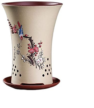 Pot de Fleur Pot de Fleur Rond Haut Pot de Fleur d'orchidée de Sable Violet Pot de Fleur de Bureau Plante Verte Pot de Plante rétro Motif Peint à la Main avec Plateau Plantes d'intérieur, Plantes