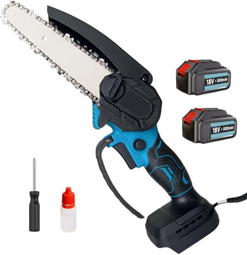 Mini Chainsaw Cordless with 2 Batteries, 6 Inch Cordless Chainsaw, Portable Battery Small Chainsaw, for Pruning Trees Branch Wood Cutting (2 x 5500mAH Battery & Charger)
