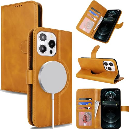 Zouzt Genuine Leather Wallet case for iPhone 13 Pro Max 6.7 Inch, Compatible with MagSafe Real Leather Flip Folio Book Protective Phone Cover Women Men for iPhone 13 Pro Max - Light Brown