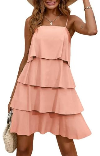 Robe d'été à Volants en Couches pour Femmes sans Bretelles sans Manches Resort Beach débardeur Robe plissée Robe trapèze-Rose-M
