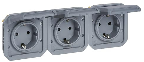 LEGRAND, Plexo 069578L - Enchufe de 3 enchufes para ambientes húmedos, incluye tapa, protección táctil, precableado, horizontal, IP44 - IK08 (IP55 con la tapa cerrada), color gris