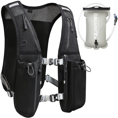 Lauf-Trinkweste für Damen und Herren. Reflektierend, 8 Taschen, schnell trocknend, 1.5L, Verstellbarer Rucksack für Läufe, Radfahren, Trails, Marathons (Black Vest with 1.5L Hydration Bladder)