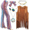 XonyiCos 6 Stück 60er 70er Jahre Hippie Kostüm Disco Outfits Fransenweste Boho Schlaghosen Frieden Zubehör Set Halloween für Frauen Karnevalskostüm (Retro, M)