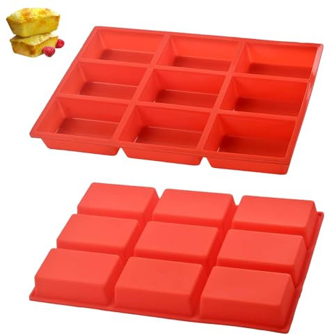 thirei 2 Pieces Silicone Mini Loaf Pan, 9 Cavity Non-Stick Mini Bread Pan, Mini Loaf Tins, for Breads, Mini Loaf Cake and Brownies, Red, Silicone Loaf Mould