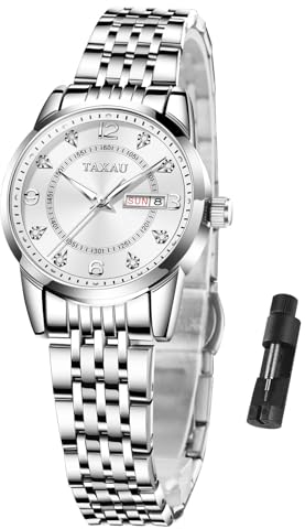Taxau Damenuhr wasserdichte Tag Datum - Armbanduhr Damen Kleines Leuchtend Leicht zu Lesen - Damenarmbanduhren Edelstahlband Luxus Diamant Dekoration
