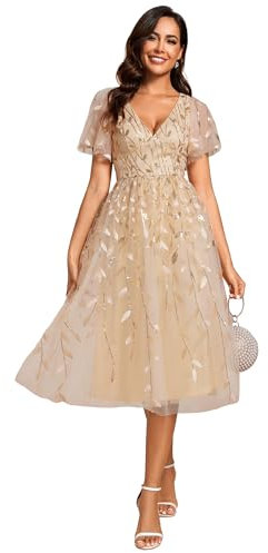 Ever-Pretty Prom Dress Leaf Sequin Short Sleeve Tulle Midi Wedding Guest Dress Gold 12UK
