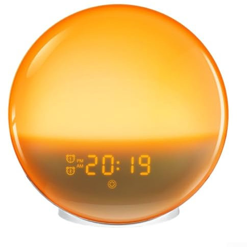 HEBEOT Reloj despertador con luz de amanecer, reloj despertador de noche, simulación de amanecer, alarmas duales con radio FM, 16 x 16 x 6 cm
