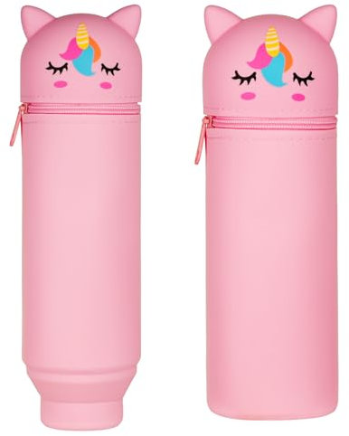 AMFUN Pink Unicorn 2 in 1 Soft Silicone Pencil Case, Stand Up Cup Holder for Kids, Students, Adults - School and Office Animal Pouch