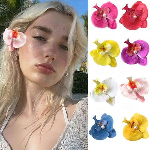 8 Pieces Chiffon Flowers Hair Clips Realistic Butterfly Orchid Tropical Flowers Alligator Clips Side Bangs Clip Hairpins Hair Styling Accessories for Beach Party Photo Prop Bridal