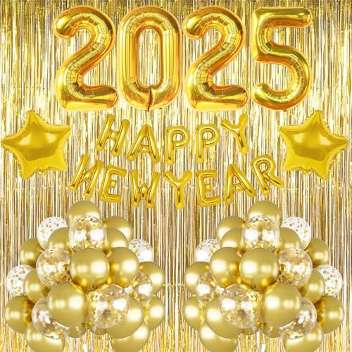 Happy New Year Deko 2026, Silvester Dekoration 2026, Happy New Year 2026 Folienballon Banner, Gold Lametta Vorhang, Gold Konfetti Luftballons für Silvesterpartydeko Neujahrsdeko Accessoire