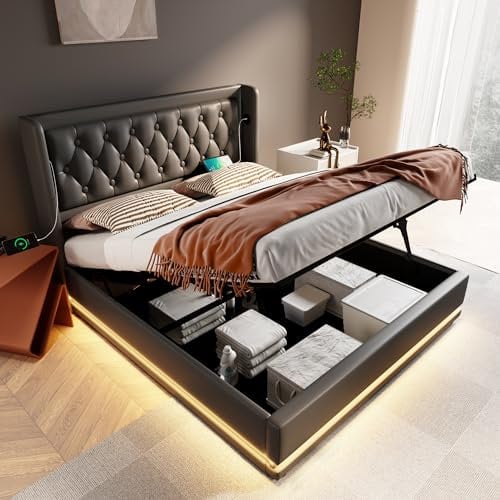 MYBOO Polsterbett Doppelbett 180x200 cm, LED Jugendbett Hydraulisch Stauraumbett Funktionsbett Bettgestell mit Stauraum und Lattenrost, Kopfteil mit USB Typ-C Ladefunktion, PU, Ohne Matratze, Schwarz