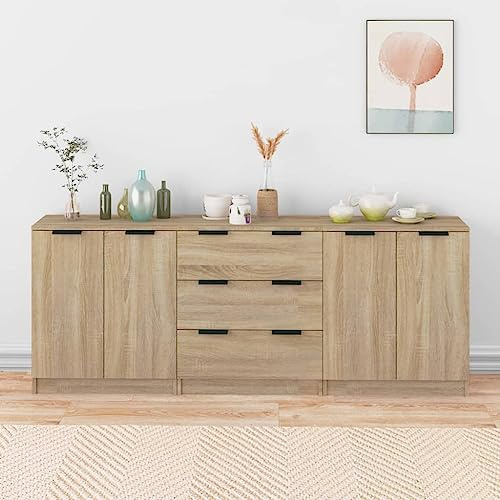 Hommdiy 3-TLG. Sideboard-Set Wohnzimmer Esszimmer Schrank Kombination, Schlafzimmer Schrank Sonoma Eiche-Optik Holzwerkstoff