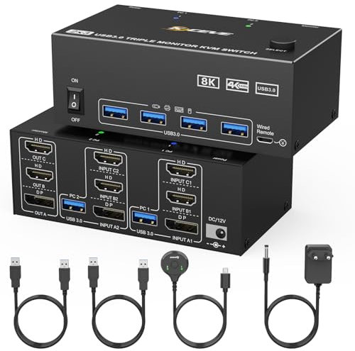 KVM Switch 2 PC 3 Monitore, KCEVE 2 HDMI + 1 DisplayPort USB 3.0 KVM Umschalter, 8K@30Hz/4k@144Hz Dreifach Monitor KVM für 2 PCs, 3 Displays und 4 USB 3.0-Geräte