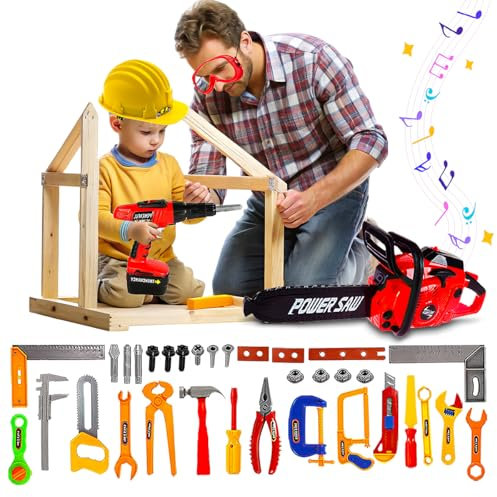 Xwin Sportseries 38 Pcs Kids Construction Tool Playset - Red Chainsaw with Realistic Sound Effects, Pretend Drill, Helmet and Accessories Toy- Educational Role Play Toy for Boys and Girls Ages 3+