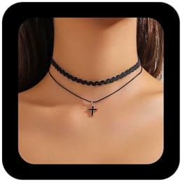 Allereya Boho Geschichtetes Kreuz Choker Halskette Kreuz Kruzifix Halskette Schwarzes Leder Halsband Halskette Gewelltes Spitze Halskette Kreuz Leder Halskette Schmuck Für Frauen