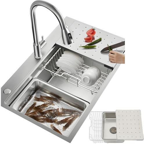 HZKSINNK 60x50cm Fregadero Cocina 1 Seno, Grande Acero Inoxidable 50cm de ancho Fregadero sobre Encimera, Cuadrado Fregaderos Un Seno con 3 agujeros, Sifón, Dispensador de Jabón y Juego de Desagüe