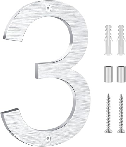 Large Door Numbers, 8 inch/20cm House Numbers, Large Brushed Modern House Number,3D Floating Exterior Modern,Metal Aluminum Alloy Address Numbers for House Apartment Hotel Courtyard Garage -Silver (3)