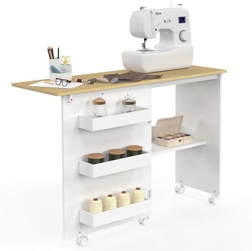IDMarket - Faltbarer Nähtisch mit Rollen, Möbel für Nähmaschine mit 4 Einlegeböden