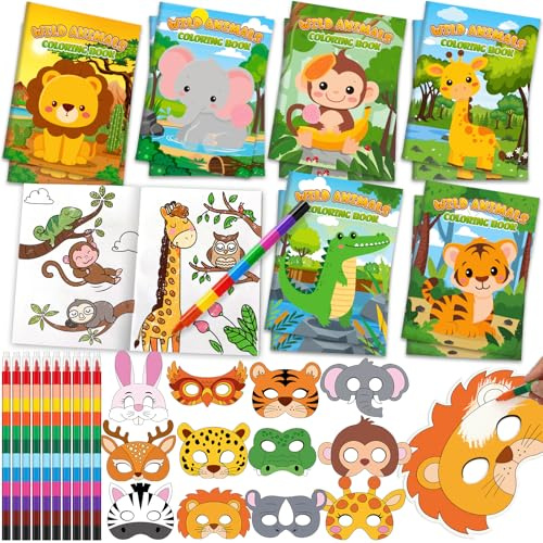 Toyssa Dschungel Tiere Party Mitgebsel Kindergeburtstag Gastgeschenke mit Malbuch Maske Geschenktüten Buntstift, Dschungel Tiere Give Aways Mitbringsel Kindergeburtstag für Kinder Jungen Mädchen