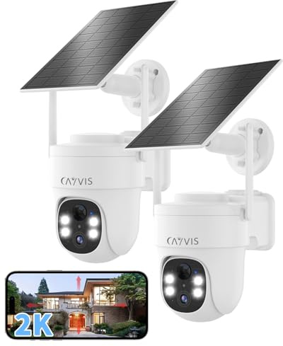 CAYVIS Camera Surveillance WiFi Exterieure sans Fil, 3MP 2.4G PTZ Caméra avec Panneau Solaire, Détection de Forme Humaine Mouvement, Vision Nocturne Couleur IP66 2Pcs