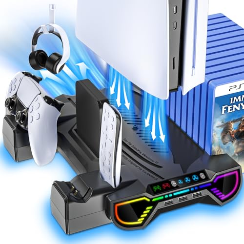 Ständer mit Controller Ladestation für PS5/PS5 Slim/PS5 Pro Disc & Digital | RGB Standfuß Zubehör für PlayStation 5 Konsole inkl. Dual Controller Kühlstation, Lüfter, Headset Halterung,3 USB Hub,Schwarz