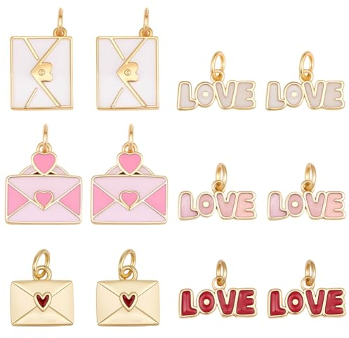 Beebeecraft 1 scatola Da 12 pezzi di Ciondoli Smaltati A Tema Amore In Ottone Placcato Oro 18K 3 stili Rosa Rosso con Scritta Love Envelope Ciondoli per Gioielli Fai Da Te Braccialetti Collane