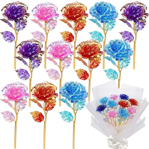 GW Box 12 Pcs 24K Galaxy Rose Artificial Flowers 4 Colors | Forever Rose for Women Mom Wife Daughters Sister Mothers Day Valentine's Day Birthday Wedding Decoration