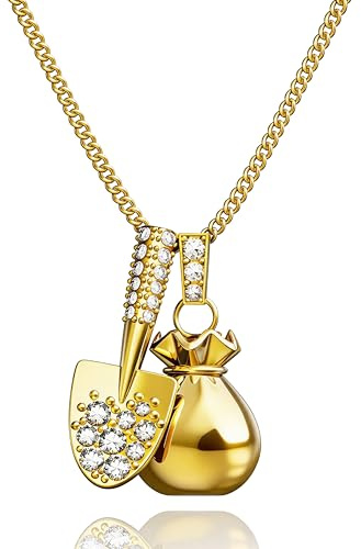 18K Plated Gold Shovel and Money Bag Charm Necklace with Crystal Accents, S, Brass, No Gemstone