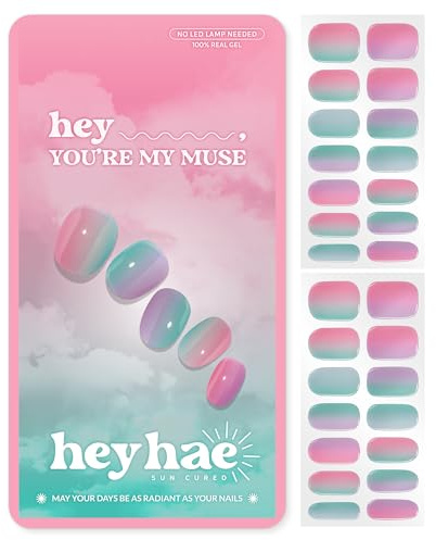 Heyhae Semi Cured Gel Nail Strips - Hey, You’re My Muse | Pink Ombre | Sun Cured No UV Light Needed, Salon Quality, Easy Apply & Remove | 28 Strips, Prep Pad, Nail File, Wooden Stick